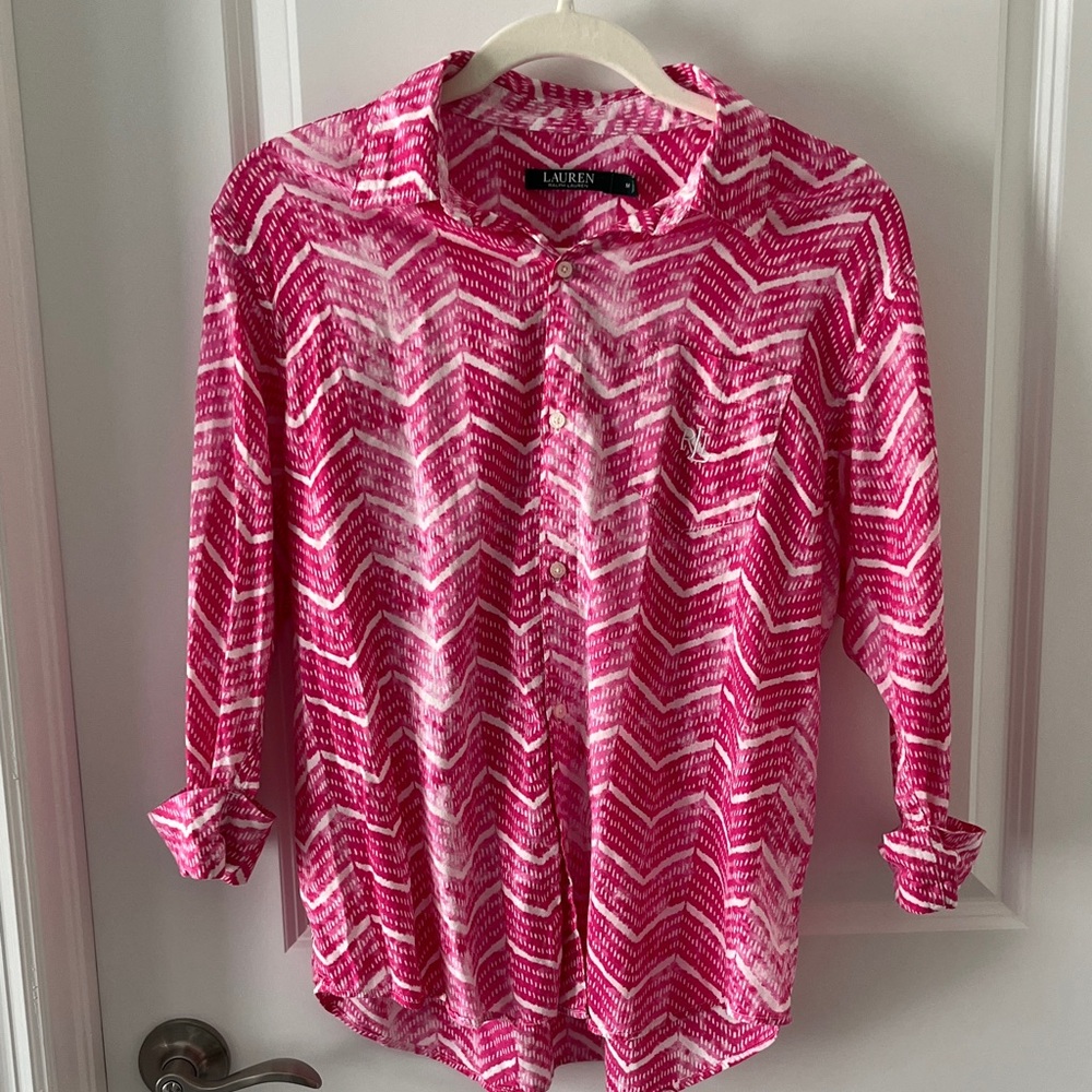 Lauren Ralph Lauren Hot Pink & White Chevron Button-Up Shirt